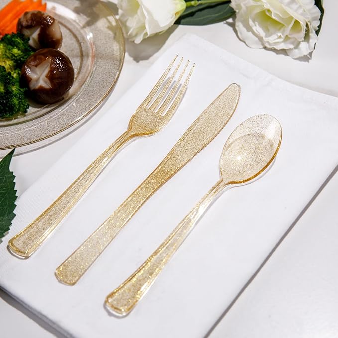 Supernal 300pcs Gold Glitter Plastic Cutlery Disposable Utensils Gold Plastic - Image 9