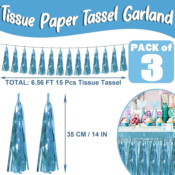 3P Light Blue Foil Fringe Metallic Tassel Streamers Banner Tassel Garland - Image 2