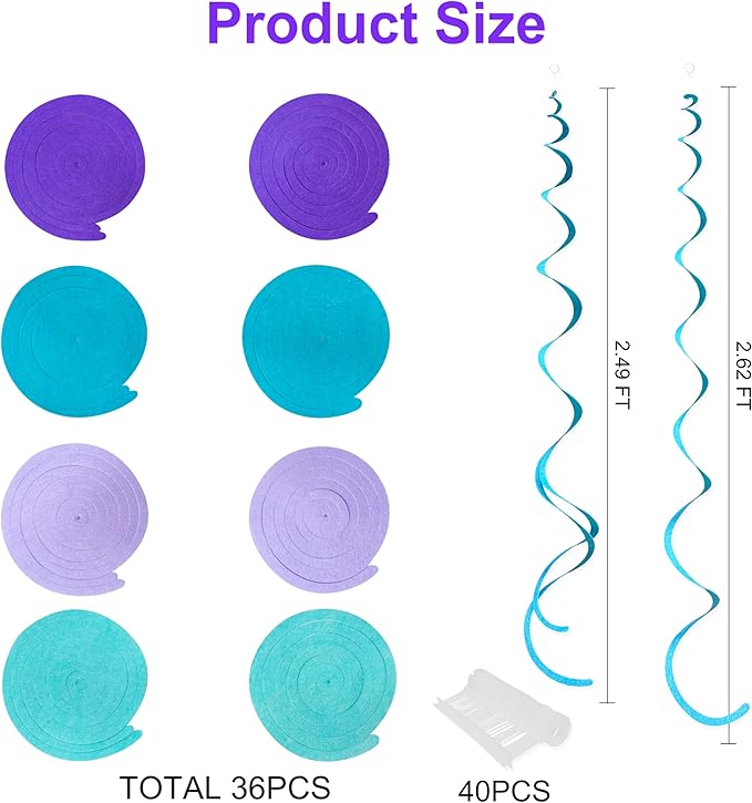 36 Pcs Mermaid Hanging Swirl Decorations Teal Purple Felt Swirl Streamer Spiral - Image 2