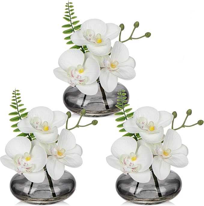 White Orchids Artificial Flowers Faux Orchids Arrangement in Black Glass Vases by Oairse