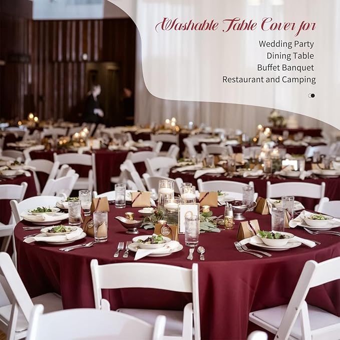 Fani 12 Pack 90 Inch Round Burgundy Polyester Tablecloths - Image 7