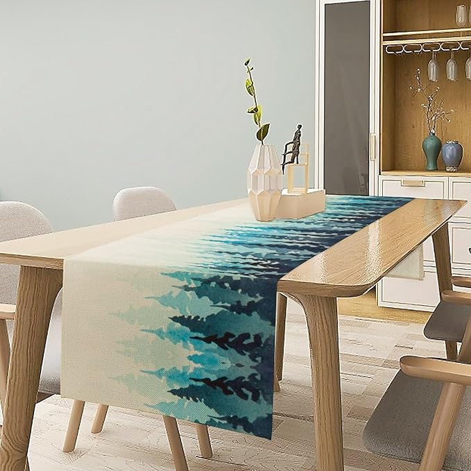 Misty Forest Table Runner, Foggy Blue Forest Landscape Table Runner - Image 2