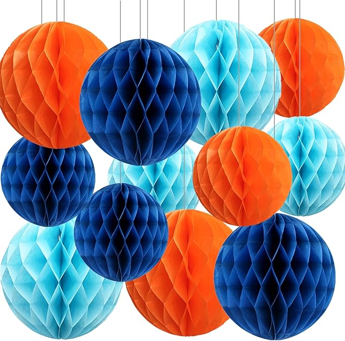 Orange Blue Paper Honeycomb Balls, 12 Pack Hanging Tissue Pom Poms by SIPRKAICT