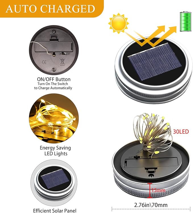 ZNYCYE Mason Jar Solar Lights for Outside, 12 Pack 30 LED Fairy Firefly Lights - Image 4