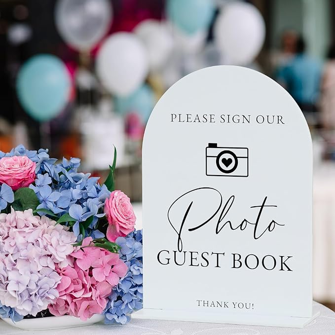 Acrylic Photo Guestbook with Stand- 5"x7" White Arched Wedding Sign and Base - Image 6