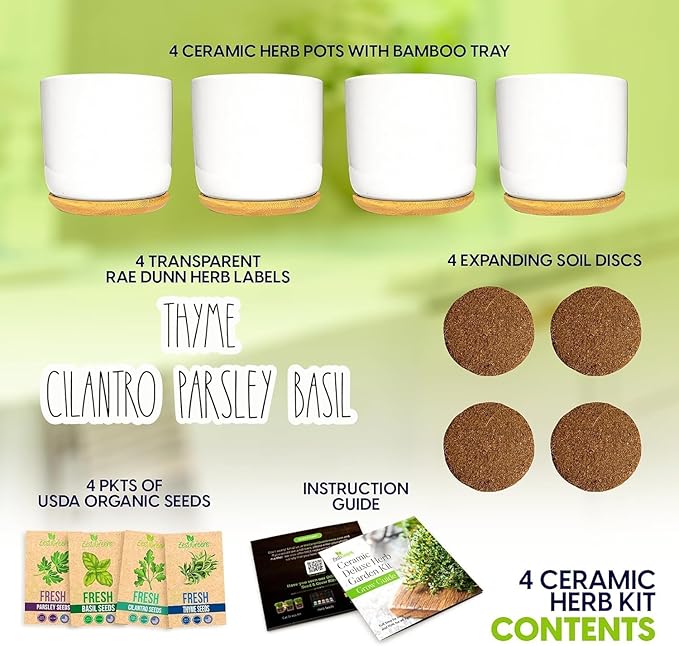 Deluxe Ceramic Indoor Herb Kit 4 Set. Variety Herbs - Image 2