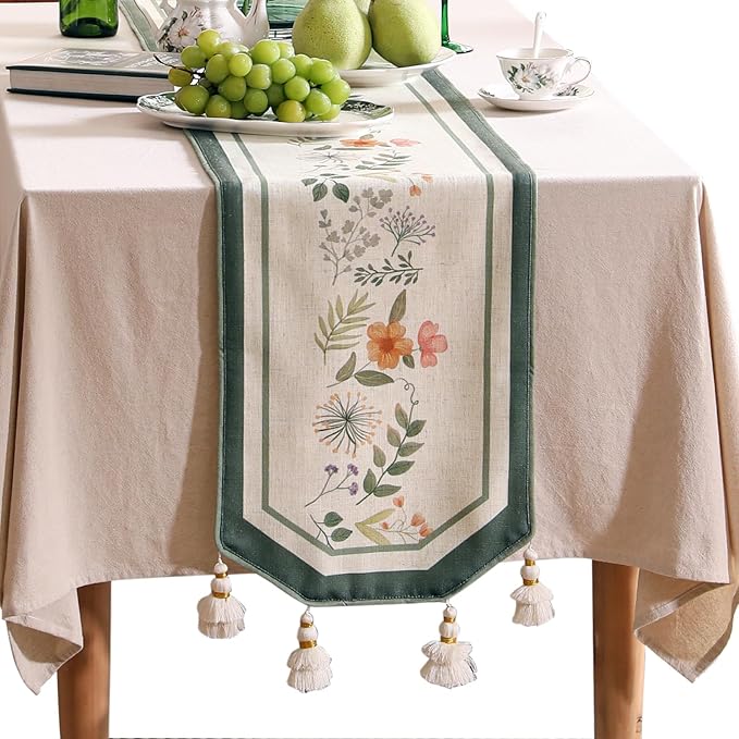 Designer Linen Table Runner, French Farmhouse Shabby Chic Floral Pattern 87 by bilingaier