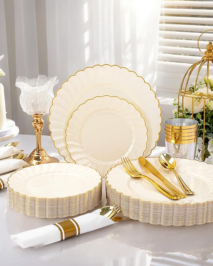 YOUBET 350PCS Ivory Scalloped Plastic Plates - Image 5