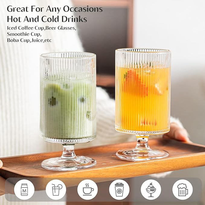 INSETLAN Set of 8 Ribbed Glass Goblets–4 Goblets Glassware 12oz, 4 Short Stem - Image 4