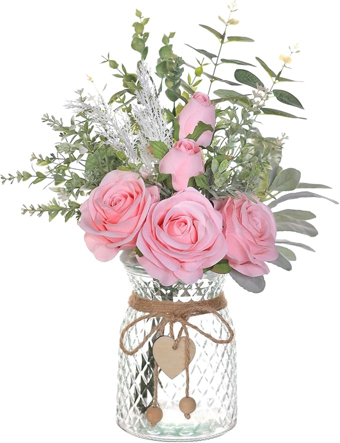 Faux Flowers with Vase, Artificial Silk Roses in Vase, Fake Plant Eucalyptus by VIERENA