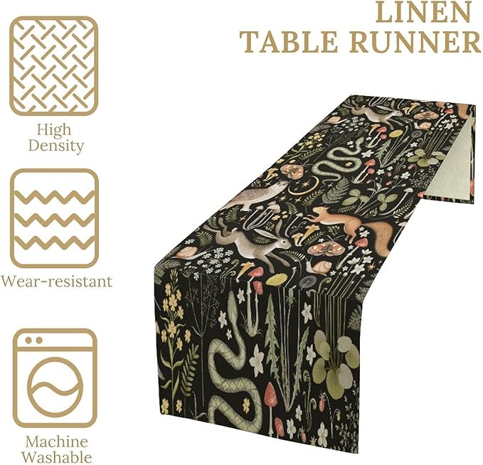 Mushroom Table Runner, Vintage Boho Forest Wild Animal Wildflower Botanical - Image 3