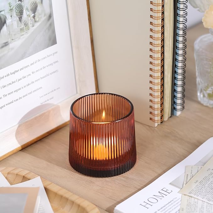 Amber Ribbed Tealight Votive Candle Holders Set of 10- Votive Candle Holders - Image 3