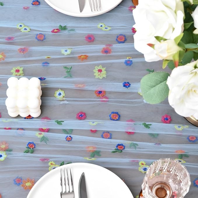 Joanlody Blue Embroidery Daisy Fall Thanksgiving Table Runner Florals Seasonal - Image 6