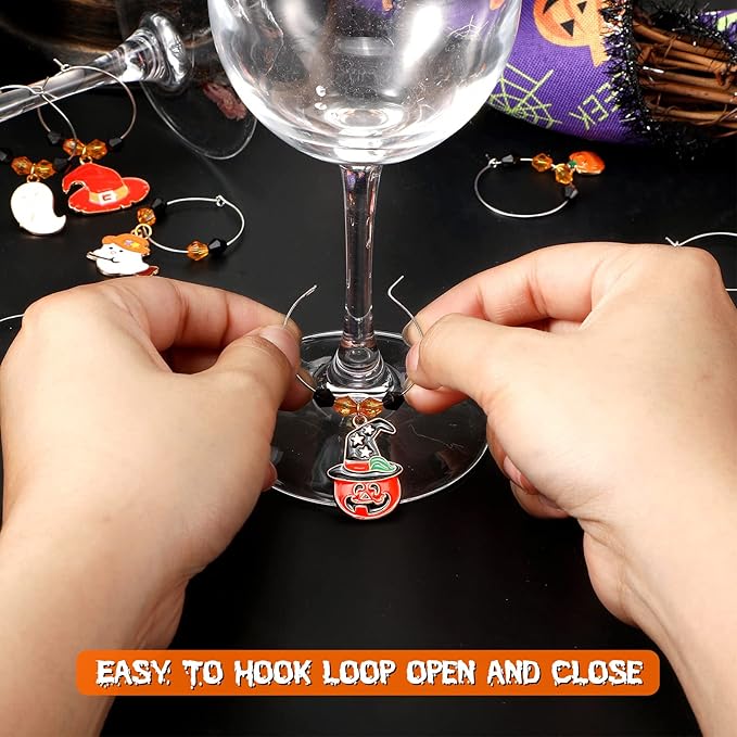Inbagi 24 Pcs Halloween Wine Glass Charms Halloween Enamel Wine Charms Pendant - Image 3