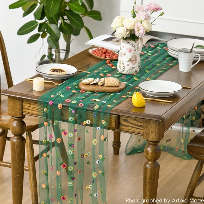 Artoid Mode 3PCS Dark Green Embroidery Daisy Gauze Table Runner 120 Inch 10FT - Image 4