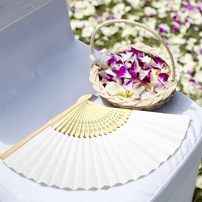 MCEAST 120 Pieces Wedding Handheld Paper Fans White Bamboo Folding Paper Fan - Image 5