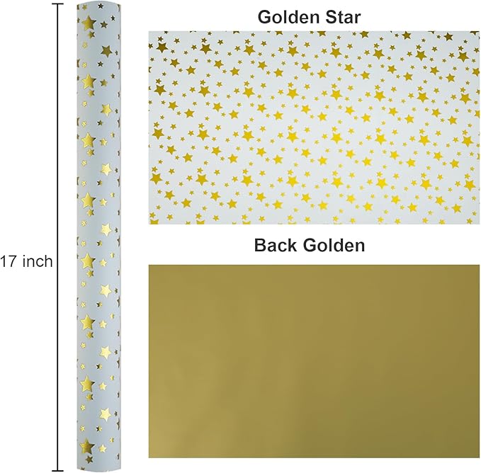 Burymento Gold Foil Five-Pointed Star Wrapping Paper, Reversible Gold Gift Wrap - Image 4