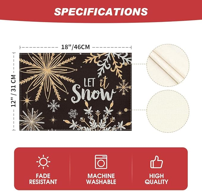 Artoid Mode Black Snowflake Let It Snow Winter Placemats Set of 4, 12x18 Inch - Image 6