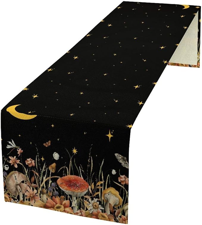 Mushroom Kitchen Table Runner, Gothic Moon Star Plants Witchy Moonlit Flower - Image 2