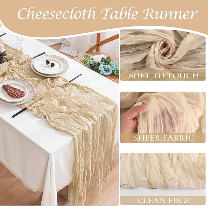 10 Pack Champagne Cheesecloth Table Runner 35x120 Inches, Fall Thanksgiving - Image 3