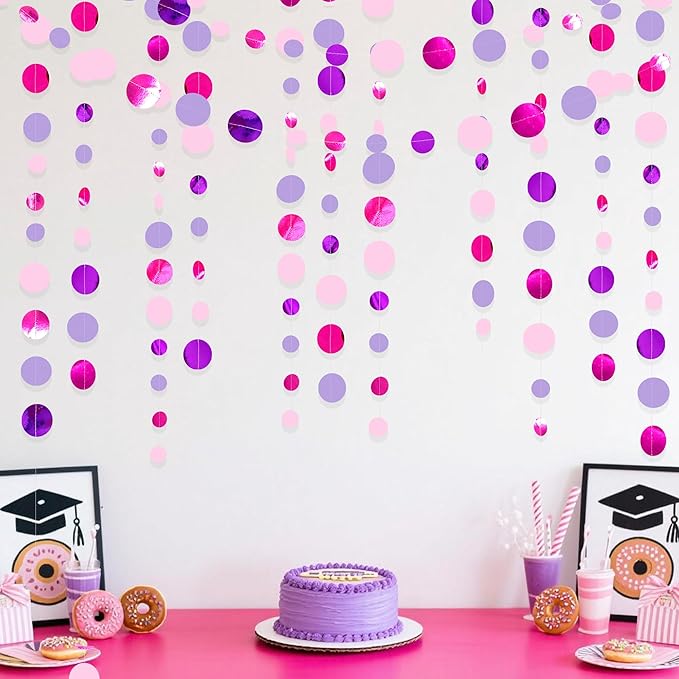 Pink and Purple Party Decorations Circle Dots Garland Hot Pink Lavender Hanging - Image 6
