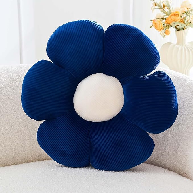 Navy Flower Pillow, 14.9" Cute Flower Shaped Floor Pillow, Aesthetic Floral by Kcvvcr