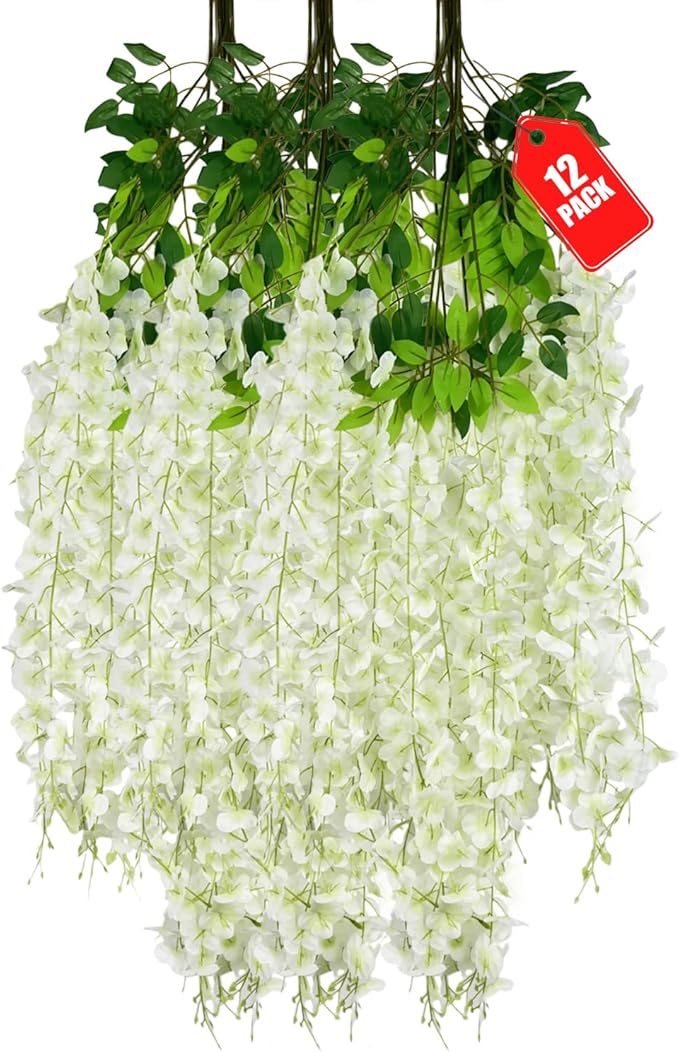 12 Pack Green White Wisteria Hanging Flowers, 3.44 Ft Fake Hanging Flowers by ZEBMOON