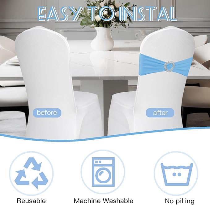 100 Pack Spandex Stretch Blue Chair Sashes Bows Universal Elastic Light Blue - Image 5