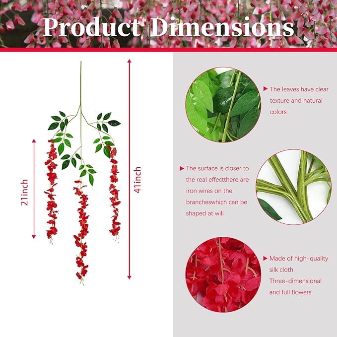 36 Pack Red Wisteria Hanging Flowers, 3.44 Ft Fake Hanging Flowers, Artificial - Image 2