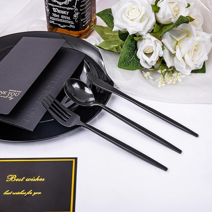 PULOTE 150PCS Black Plastic Silverware Set Disposable - Image 5