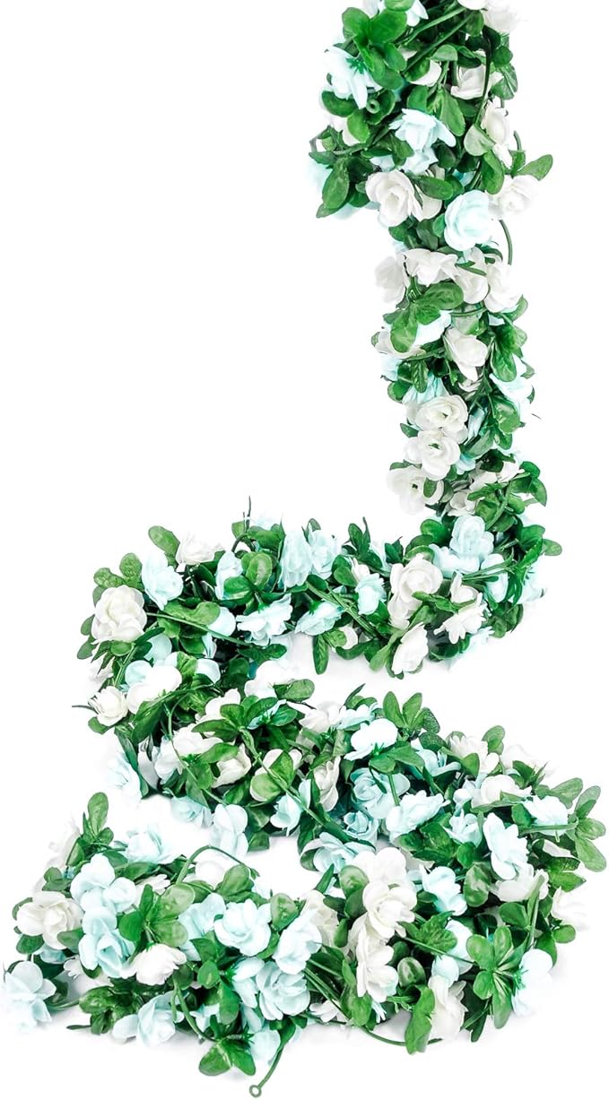 Miracliy 9Pcs 74FT Blue and White Flower Garland Artificial Rose Arch Vines - Image 2