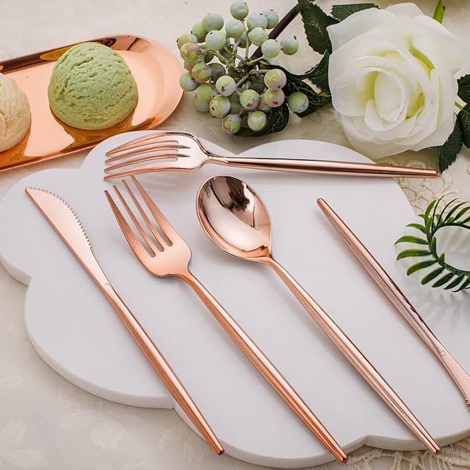 SUT 150Pcs Rose Gold Plastic Silverware, Disposable Cutlery Set, Heavy Duty - Image 3