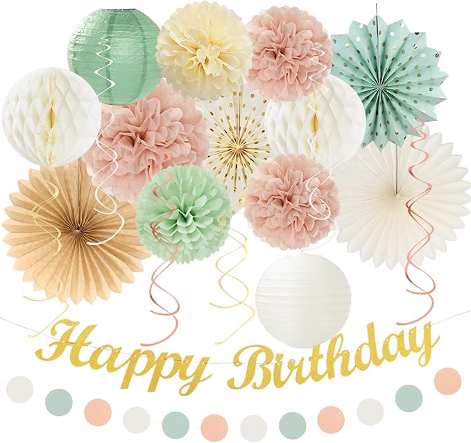 Sage-Green Blush-Pink Beige Birthday Party-Decorations by Huglony