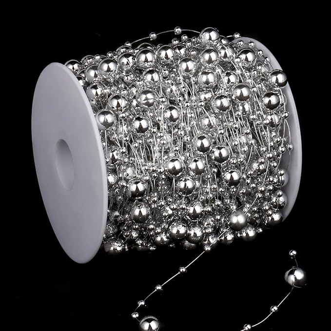 98FT Pearl Beads String Garland, 8mm 3mm Silver Faux Pearl Beads Roll Strand - Image 2