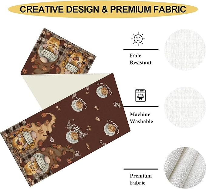 Coffee Time Table Runner, Farmhouse Retro Gnome Coffee Cup Tea Party Cafe Brwon - Image 4