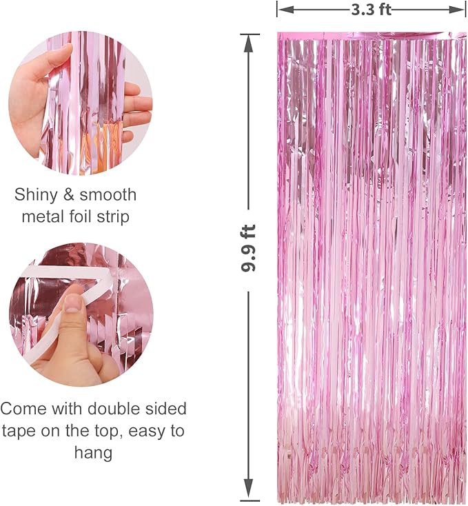 Crosize 2 Pack 3.3 x 9.9 ft Pink Foil Fringe Backdrop Curtain, Streamer - Image 2