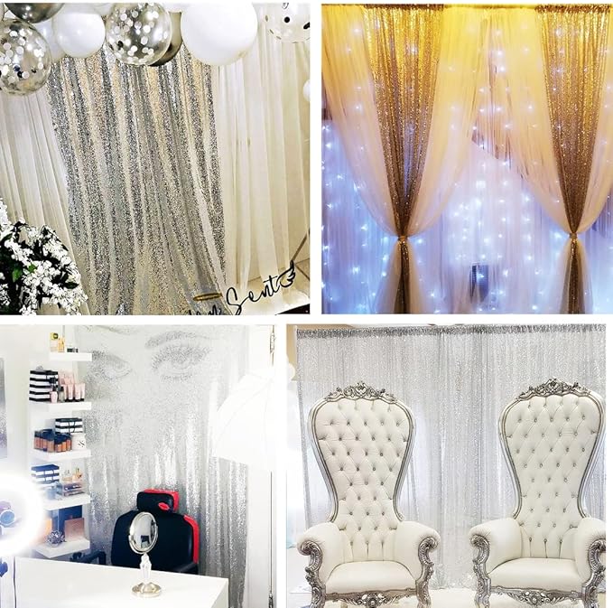 Poise3EHome Silver Sequin Backdrop Curtains, 4 Panels 2FTx8FT Glitter Background - Image 3