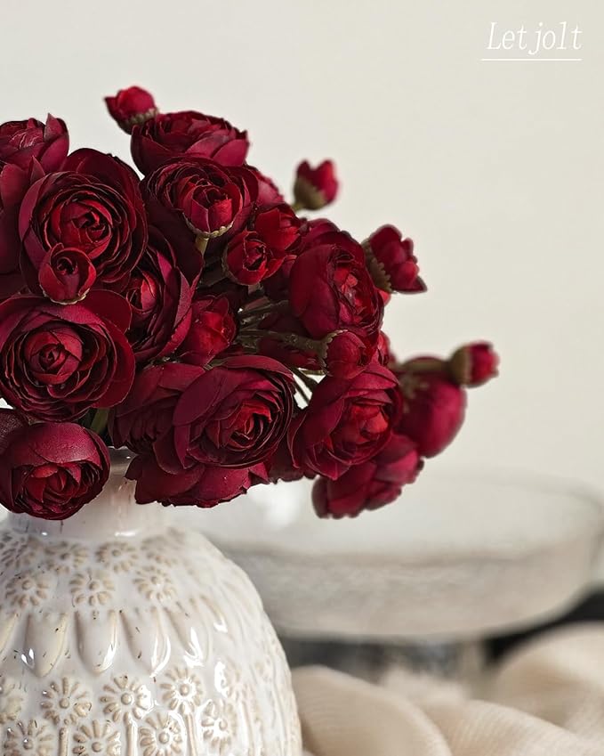 Letjolt Ranunculus Artificial Flower 18 Pcs Red Silk Ranunculus Wedding Bouquet - Image 5