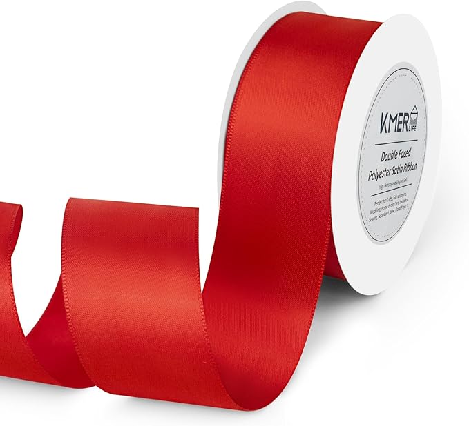1-1/2 inch x 25 Yards Double Faced Polyester Red Satin Ribbon by KMERLIFE