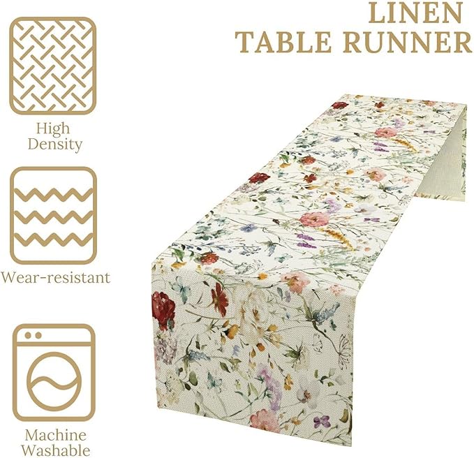 Floral Butterfly Table Runner, Rustic Colorful Flower Botanical Watercolor - Image 3