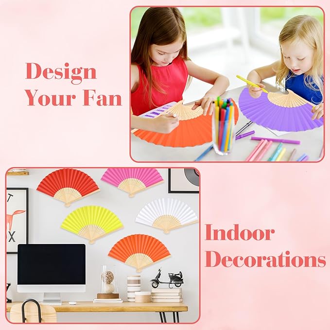 12 Pieces Hand Held Bamboo Folding Fans Paper Fans Handheld - Image 4