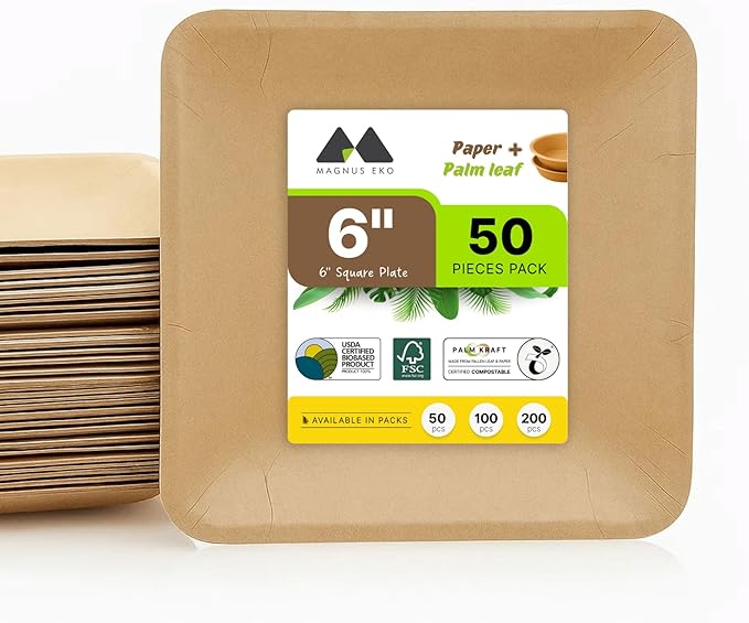 magnus EKO Kraftware | 6 Inch Square Plates 50 Pcs | Disposable Plates | Like by MAGNUSEKO