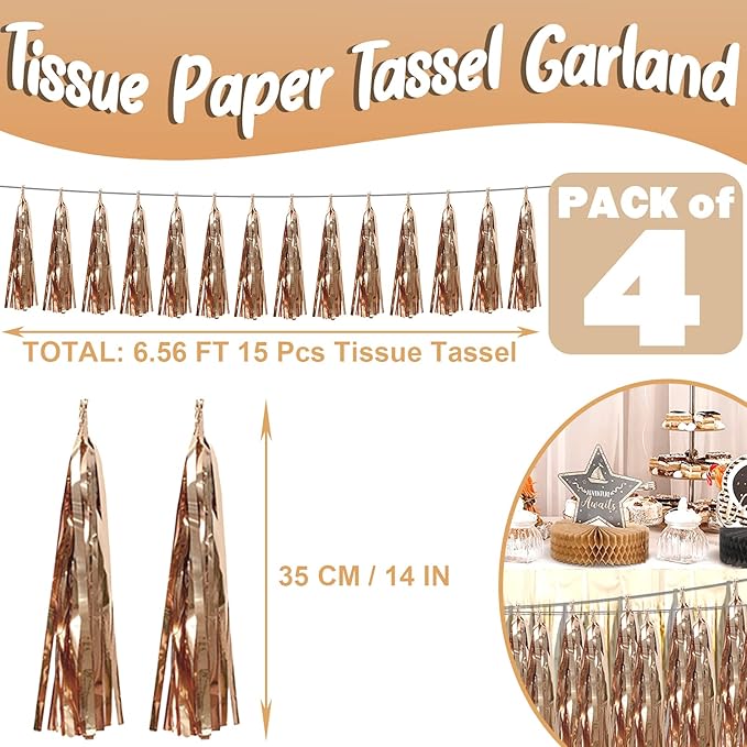 4P Champagne Gold Foil Fringe Metallic Streamers Banner Tassel Garland - Image 2