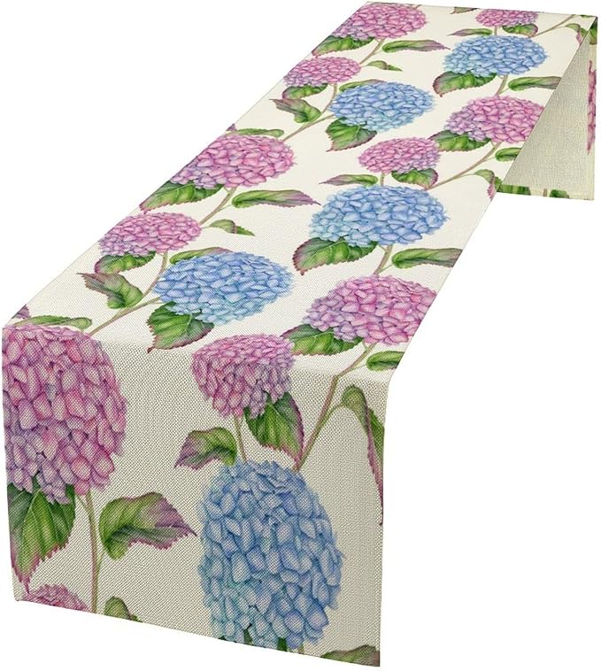 Spring Hydrangea Flower Table Runner, Seasonal Summer Plants Watercolor Pink by SHElifestyle