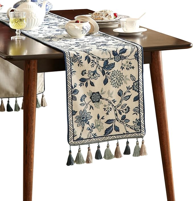 Decorative Linen Table Runner 87 Inches Long, Chinoiserie Blue Floral Cloth by bilingaier