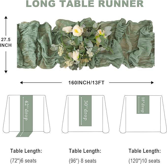 Snowkingdom Sage Green Cheesecloth Table Runner, 160 Inch 13 Ft Rustic Boho - Image 5
