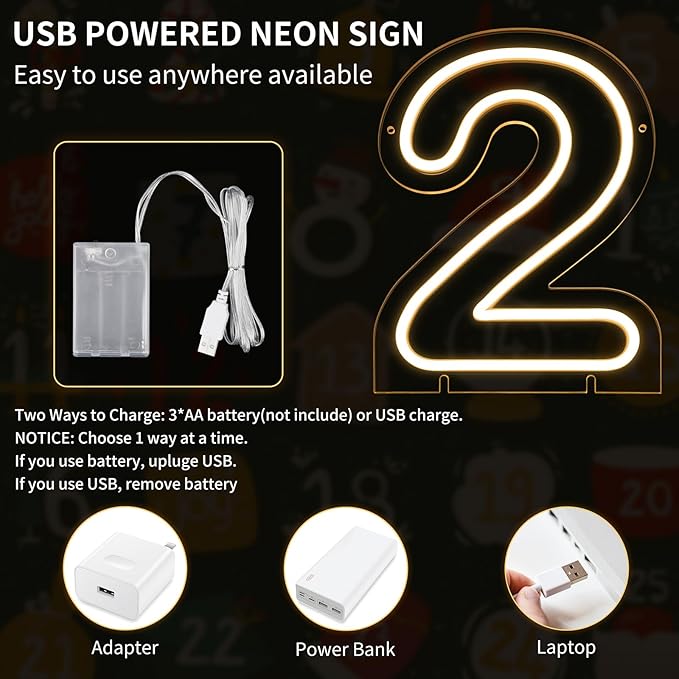 Number 2 LED Neon Sign Backdrop Birthday Party Decoration, 11.3" Height Warm - Image 2