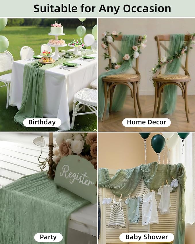 Sage Green Cheesecloth Table Runner 120 Inch, Boho Rustic Gauze 10 FT, Summer - Image 5