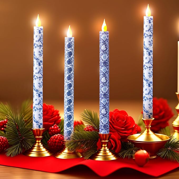 Baquler 6 Pcs Christmas Chinoiserie Flameless Candles 10.6 Inch Blue and White - Image 7