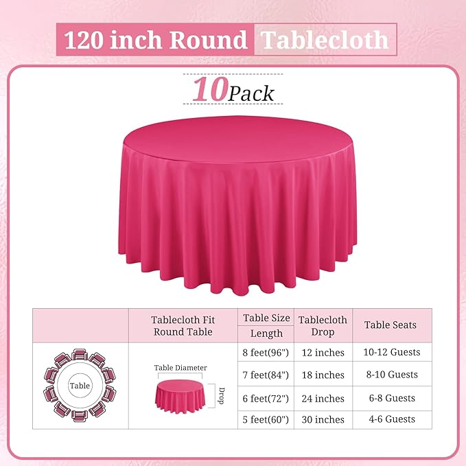 10 Pack Hot Pink Round Tablecloths 120 Inch, Circle Bulk Washable Linen - Image 2